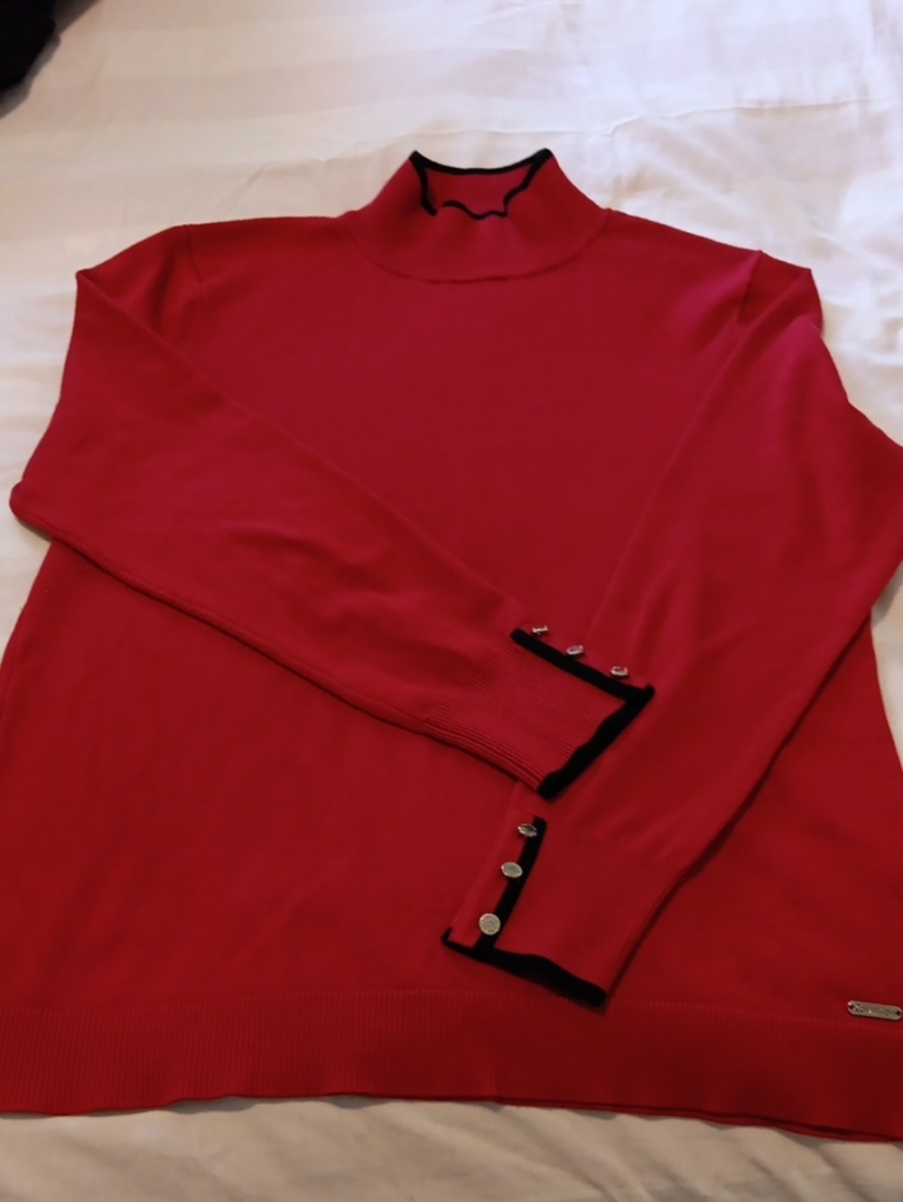 Calvin Klein Red Turtleneck Sweater with Black Trim & Button Cuffs
